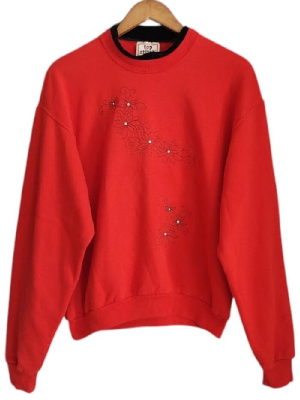 Vtg Top Stitch Sweatshirt Womens M Red Crewneck Poinsettia Rhinestone Christmas